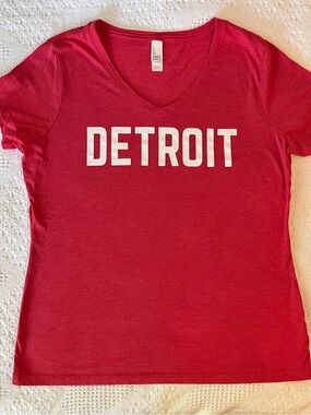 District Red V-Neck Tee with White DETROIT Print Women’s Fitted T-Shirt